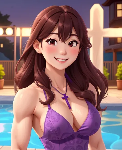 attractive korean woman, ripped muscle, muscular body, small breast, pale skin, smile(blush), purple paisley dress, cross necklace, sixpack abs, [ultra detailed skin:1.2], brown hair, long wavy hair, 8k uhd, pussy, full body, crowd, public, night, poolside...