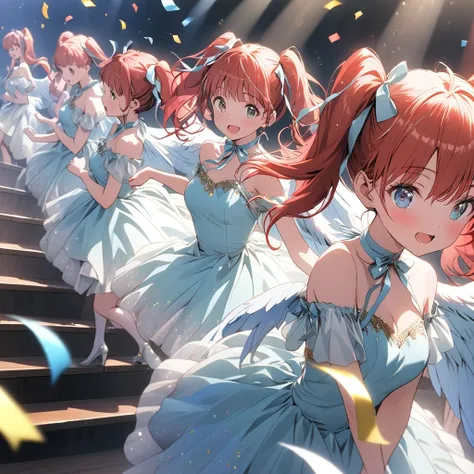 
 five girls with red hair and twin tails 、Dancing in a theater from the Taisho era,(Like Takarazuka Revue with large wings on the back In a glittering costume on the stage stairs Dancing in a dynamic pose1.5),Dancing in a row,lots of confetti,birds eye vi...