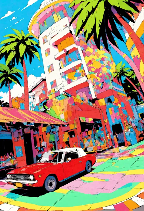 One red convertible is parked. No one is there. The background is a beach with palm trees. sky is clear. 80s japan city pop Memphis illustration, master piece, wide angle, parasol, colorful