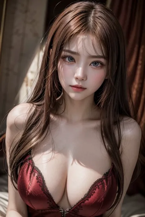 In a captivating display of color and light, an lady enchants viewers with her otherworldly charm. Her delicate features are accentuated by flowing strands of shimmering red brown while her expressive eyes exude emotion.