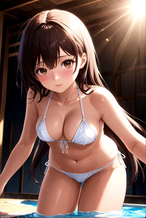 (Master quality)(Anime Style)(RAW Photos)High detail, Very detailed, Ultra-high resolution(Official Gravure)(Close out shot 1.5)Backwards,bikini,white