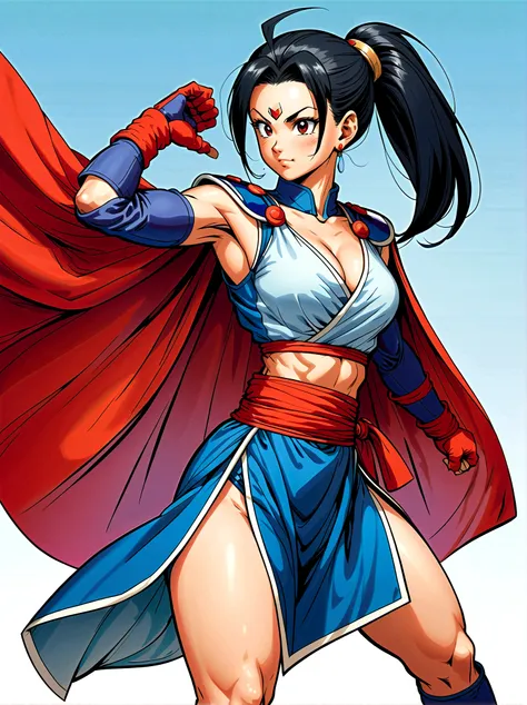 dragon ball, chi chi, black eyes, black hair, long hair, hime cut, blunt bangs, sidelocks, armor, bikini armor, cape, collarbone...