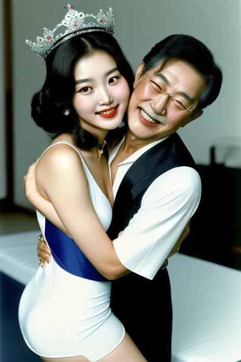  Seoul, 1982, (((1 korean young girl and 1 old korean man hugging each other))), {A young korean beautiful girl, 22-year-old, sexy girl, strikingly beautiful, black hair, big breasts, delicate facial features, porcelain skin, red lips, expressive eyes, ((a...