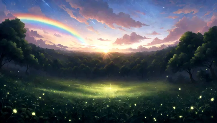 Stars and comets pass by in the open sky, Beautiful clouds, black rose field, A tree with glowing fireflies and butterflies々, A girl looking up at the sky in the middle of a field, (Ultra-realistic), {the Extremely Detailed CG Unity 8K Wallpapers}, Photogr...