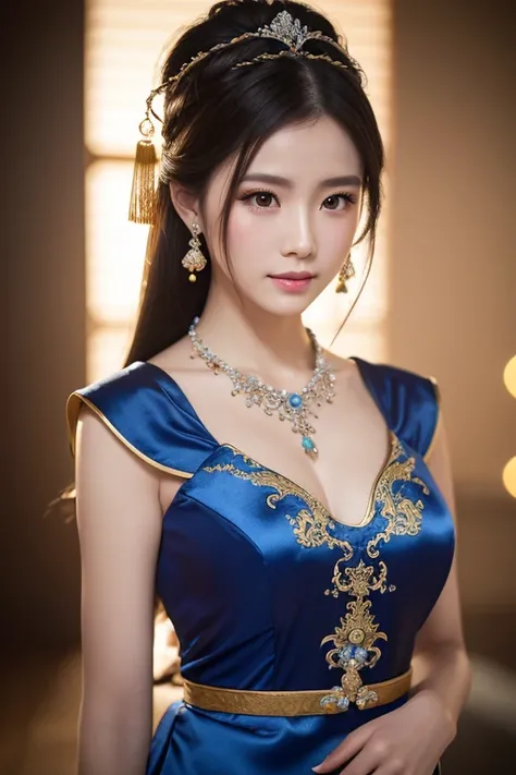 最high quality, masterpiece, High resolution, One woman,Blue Chinese Dress,Ancient Chinese Dynasty Style,hair ornaments,necklace, jewelry,Beautiful Face,On top of that_body, Tyndall effect,Realistic, Dark studio, Rim Light, Two-tone lighting,(Skin with atte...