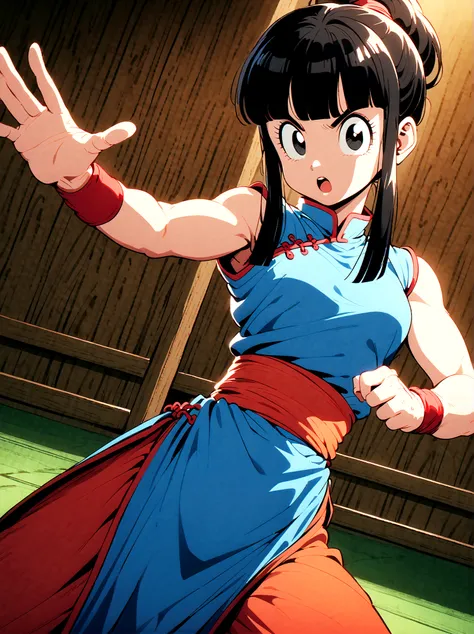 dragonballchichi, chi chi, black eyes, black hair, long hair, hime cut, blunt bangs, sidelocks,bare arms, blue dress, china dress, chinese clothes, dress, high collar, obi, pants, ponytail, red pants, red sash, red wristband, sash, side slit, sleeveless, s...