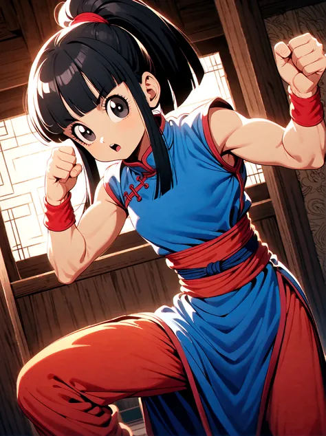 dragonballchichi, chi chi, black eyes, black hair, long hair, hime cut, blunt bangs, sidelocks,bare arms, blue dress, china dress, chinese clothes, dress, high collar, obi, pants, ponytail, red pants, red sash, red wristband, sash, side slit, sleeveless, s...