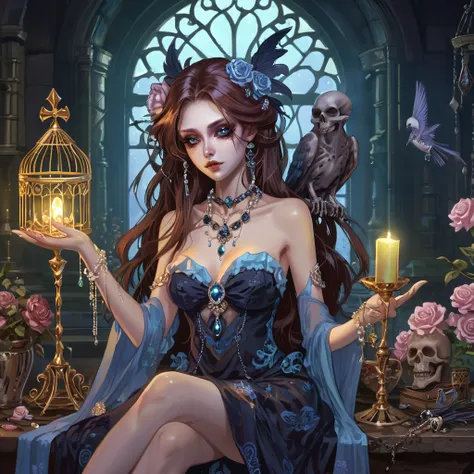 topless undead girl, long bloody hair, seductive eyes, mysterious expression, mature appearance, charming dress, flowing short dress, elegant jewelry, intricate decoration, magic symbols, glowing accessories, potions, scrolls, cute accents, bows, ribbons, ...