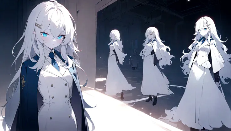 ember, narrow eyes, Cyan eyes, hairlong, white colored hair, blue cloak, White formal suit, Hairpins, Hands Behind Your Back, higly detailed, White Skin Skin, fluffy hair, concept art