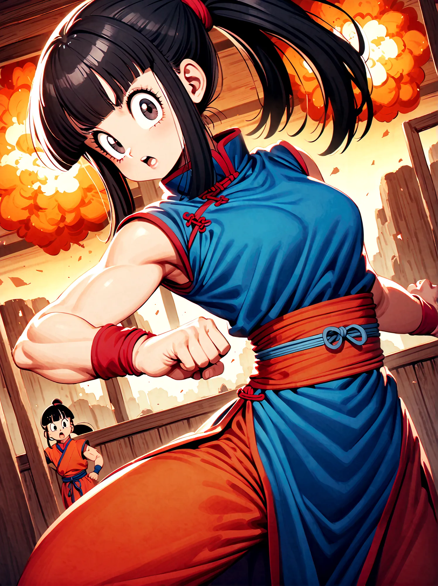 dragonballchichi, chi chi, black eyes, black hair, long hair, hime cut, blunt bangs, sidelocks,bare arms, blue dress, china dres...