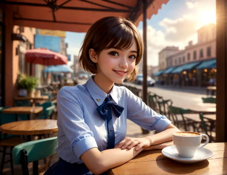 RAW photo, best quality, masterpiece, realistic, photo-realistic, ultra-detailed, depth of field, 1 girl, cute, solo, beautiful detailed sky, detailed cafe, morning, sitting, dating, nose blush, smile, closed mouth, medium breasts, beautiful detailed eyes,...