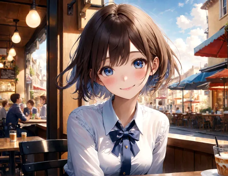 RAW photo, best quality, masterpiece, realistic, photo-realistic, ultra-detailed, depth of field, 1 girl, cute, solo, beautiful detailed sky, detailed cafe, morning, sitting, dating, nose blush, smile, closed mouth, medium breasts, beautiful detailed eyes,...