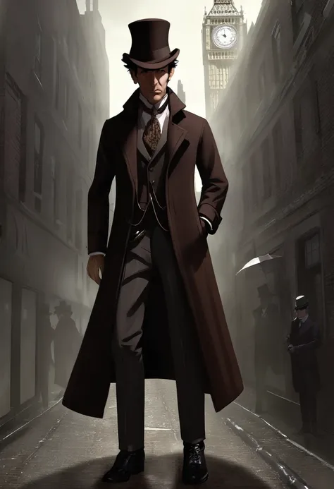 Sherlock Holmes, Victorian steampunk, top hat, long coat, detailed background, dark and smog street, low poly, palette knife art styleportrait, sherlock holmes,detective,brilliant mind,observant eyes,tweed coat,pipe,houndstooth hat,mysterious smile,vintage...