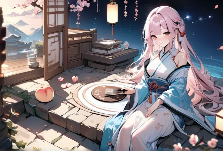 ((masterpiece, best quality)),illustration,Ultra detailed 8k,Reality,Clear focus,Very detailed,Professional lighting,Colorful Detailed,Cute and beautiful girl，Light pink long hair，Peach blossoms in full bloom，dream，Sit at a stone table，A smile，The Starry S...