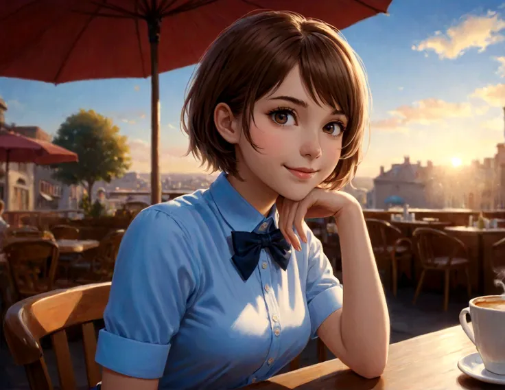 RAW photo, best quality, masterpiece, realistic, photo-realistic, ultra-detailed, depth of field, 1 girl, cute, solo, beautiful detailed sky, detailed cafe, morning, sitting, dating, nose blush, smile, closed mouth, medium breasts, beautiful detailed eyes,...