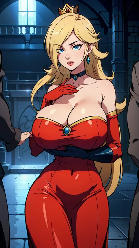 rosalina, crown, red dress, long dress, strapless dress, backless dress, long white elbow gloves, smile, light red lipstick, dark blue eye shadow, makeup, black choker, cowboy shot, (((gigantic breasts))), (((cleavage Focus))), (((man hand grabing her brea...