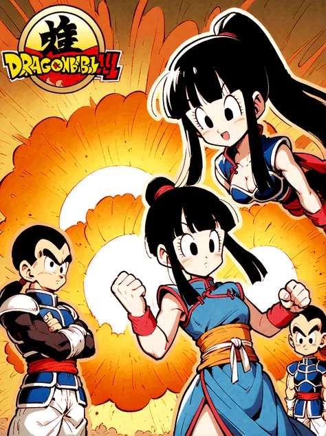 dragon ball, chi chi, black eyes, black hair, long hair, hime cut, blunt bangs, sidelocks, armor, bikini armor, cape, collarbone...