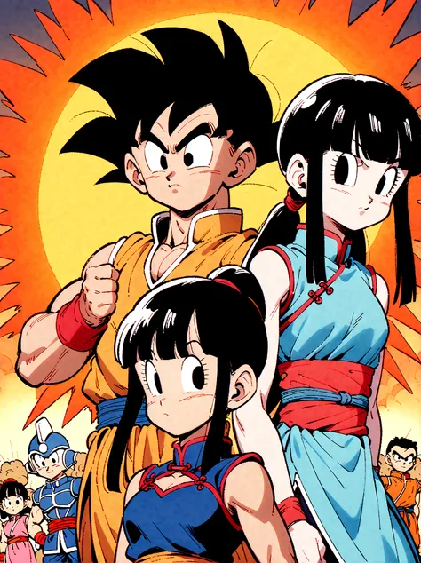 dragon ball, chi chi, black eyes, black hair, long hair, hime cut, blunt bangs, sidelocks, armor, bikini armor, cape, collarbone...