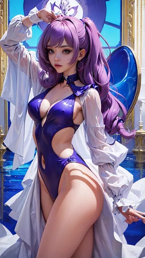 (mejor calidad, detallado, restoration of faces and hands, professional lighting) una mujer vestida con un body swimsuit color morado neon, en un entorno de una alberca, su cabello es color azul celeste y sus ojos color rosa muy brillante