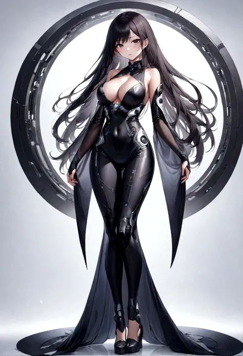 full body of a long-haired Chinese woman wearing a futuristic costume, her breasts are large and round, her cleavage is open and her position is straight facing you