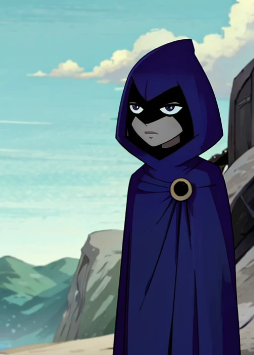 white raven, 1girl, solo, short hair, purple hair, hood, cape, colored skin, cloak, grey skin, forehead jewel, beach 
