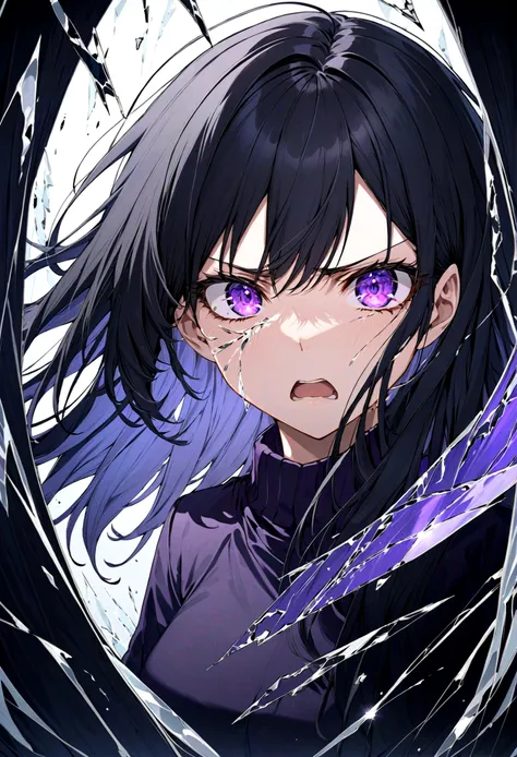 anime girl, black hair, purple eyes ,looking through broken glass, shattered glass, broken glass, long haired, black hair, void,  black hair, cracked, shattered , angry expression