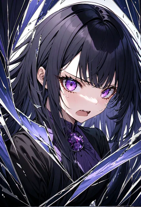 anime girl, black hair, purple eyes ,looking through broken glass, shattered glass, broken glass, long haired, black hair, void,  black hair, cracked, shattered , angry expression