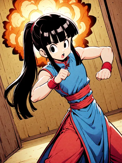 dragonballchichi, chi chi, black eyes, black hair, long hair, hime cut, blunt bangs, sidelocks,bare arms, blue dress, china dres...