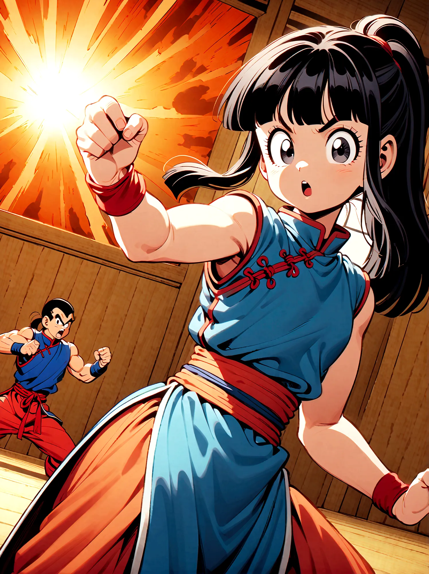 dragonballchichi, chi chi, black eyes, black hair, long hair, hime cut, blunt bangs, sidelocks,bare arms, blue dress, china dres...