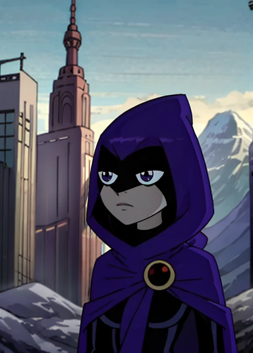 white raven, 1girl, solo, short hair, purple hair, hood, cape, colored skin, cloak, grey skin, forehead jewel, forest, upper body 
