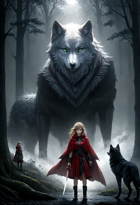 fantasy art, rpg art, dark fantasy art, ultra wide shot, raw, photorealistic, a picture of female human ranger and her wolf pet,...