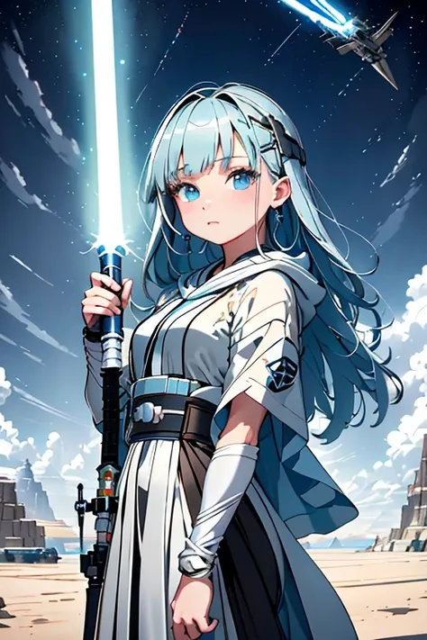 Perfect Anatomy、Correct depiction、detailed lightsaber、Jedi Knight、One Girl、cute、Khaki poncho、Female knight with a lightsaber、light blue lightsaber、Dark World、Star Wars、Desert Background、highest quality、Masseter muscle area、Cinema Stick、Star Wars、