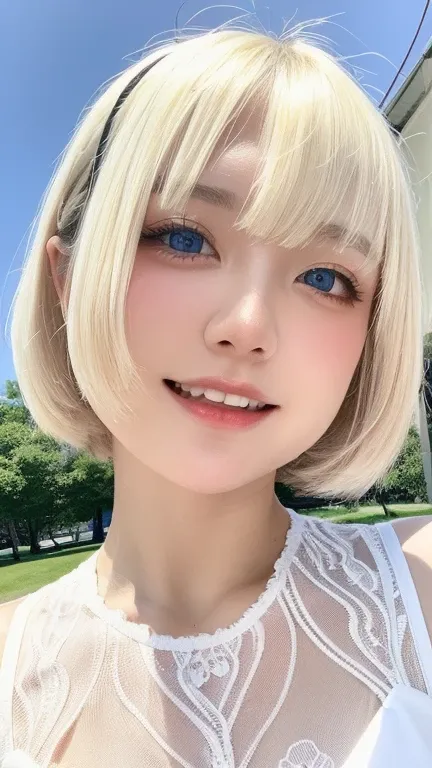 Beautiful and fair、Radiant Skin, 3 Up, Gorgeous, bright, Refreshing and gentle expression, Perfect beautiful face、Blonde short hair，Beautiful shiny bangs, A very beautiful 17 year old girl, Eyeliner, Very perfect and beautiful lovely big clear sky blue eye...