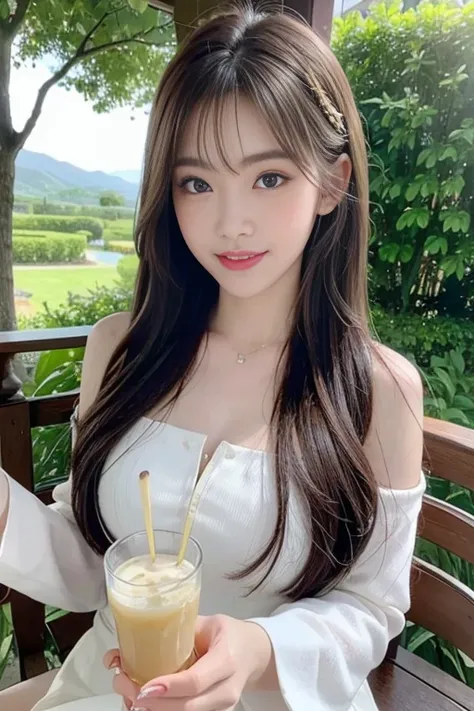 in 8K、high-level image quality、hightquality、hight resolution、femele、big eye、Super Detail Eyes、Hair in super detail、bokeh feeling、Natural makeup、summer、A smile、ssmile、bacchus、In drinking、Delicious food、Snacks、large full breasts、red-lips、Little red cheeks、1 ...