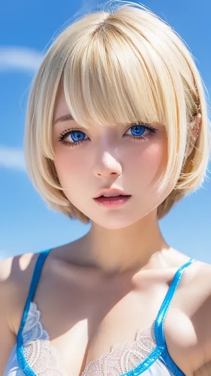 Beautiful and fair、Radiant Skin, 3 Up, Gorgeous, bright, Refreshing and gentle expression, Perfect beautiful face、Blonde short hair，Beautiful shiny bangs, A very beautiful 17 year old girl, Eyeliner, Very perfect and beautiful lovely big clear sky blue eye...