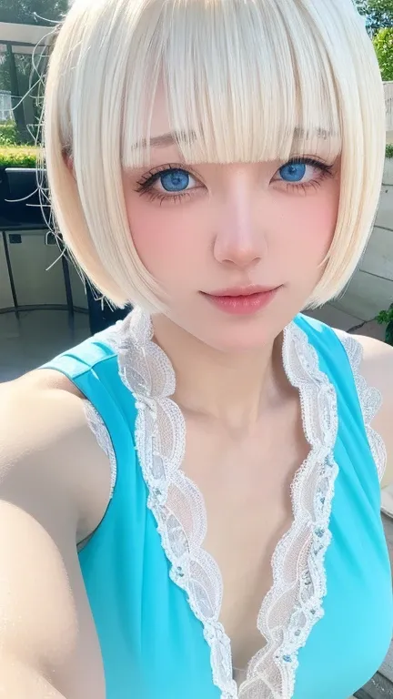 Beautiful and fair、Radiant Skin, 3 Up, Gorgeous, bright, Refreshing and gentle expression, Perfect beautiful face、Blonde short hair，Beautiful shiny bangs, A very beautiful 17 year old girl, Eyeliner, Very perfect and beautiful lovely big clear sky blue eye...