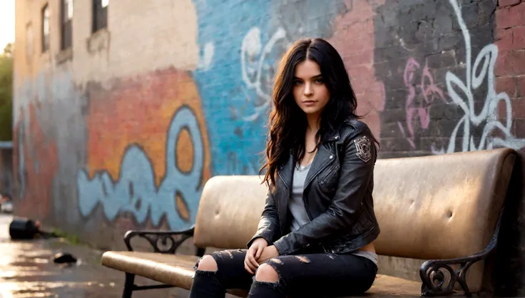 raining day, bokeh background, a beautiful lady with long black hair, leather jacket, grey t shirt, and ripped black jeans, sitt...