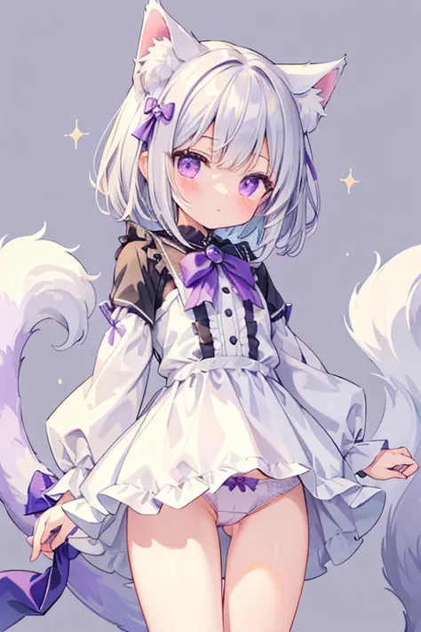 masterpiece, highest quality, Detailed background, cute panties、cute, small, Gray Hair, short hair, white fluffy cat tail, White cat ears, small size, whole body, Purple eyes, fluffy, fluff ears, alone, detailed, girl, cutetech, pastel colour, cute, cute c...