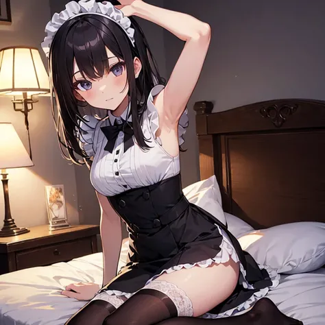 A maids, (in bedroom), various hair styles, night, details face, short skirt, seducing, sleeveless, maid uniform, armpits, , on bed