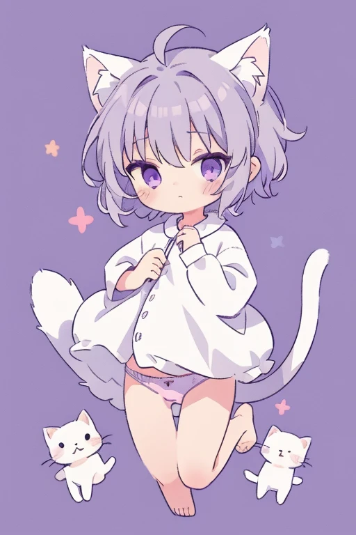 masterpiece, highest quality, Detailed background, cute panties、cute, small, Gray Hair, short hair, white fluffy cat tail, White cat ears, small size, whole body, Purple eyes, fluffy, fluff ears, alone, detailed, girl, cutetech, pastel colour, cute, cute c...