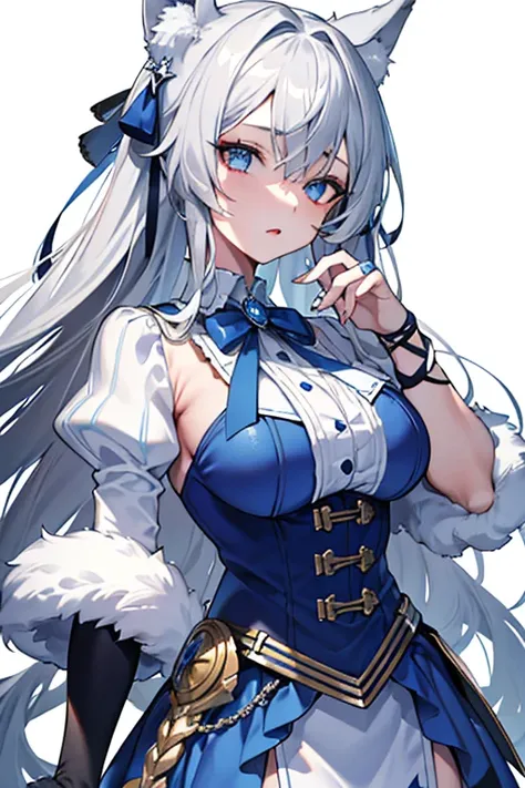 best qualtiy，tmasterpiece，The is very detailed，4K，Gray hair and shallow eyes，Drag cool expressions，Wolf ears，Erect scar on the left eye，British style，1girl，Absolutely beautiful, big bust, blue white costume, ear ribbon