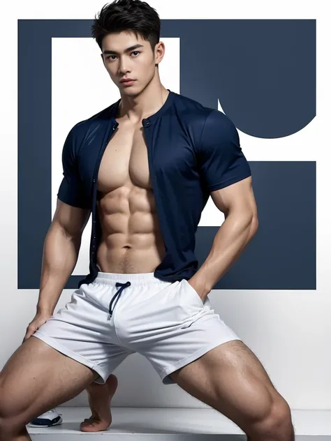 1 Handsome  naked Japanese guy ，Sexy pose, A 20 year-old man wearing a Bare chest shirt and Excellent shorts stands against a white background, Navy blue, Navy blue, Sports T-shirt, White, Excellent Sportswear, Gorgeous and sexy clothes, Sportswear, Short ...