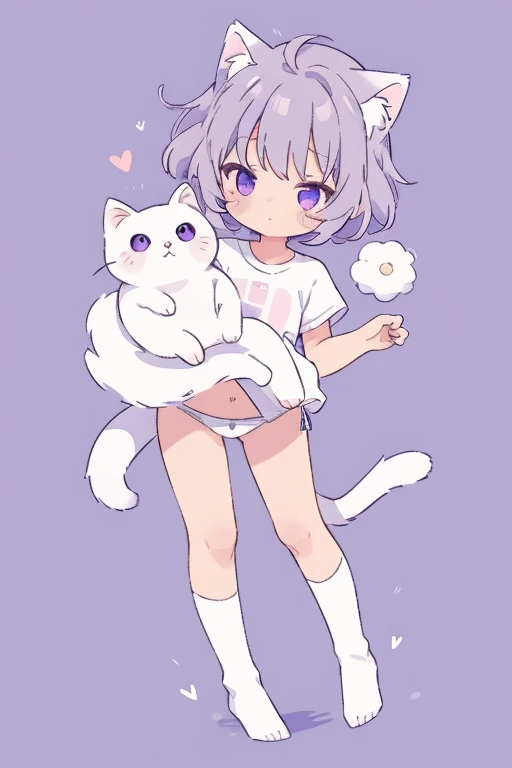 masterpiece, highest quality, Detailed background, cute panties、cute, small, Gray Hair, short hair, white fluffy cat tail, White cat ears, small size, whole body, Purple eyes, fluffy, fluff ears, alone, detailed, girl, cutetech, pastel colour, cute, cute c...