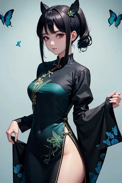 Wearing a black cheongsam,Clothes embroidered with blue-green butterflies。Only the lower half of the face is covered by gauze,Only a pair of bright and determined eyes are revealed。