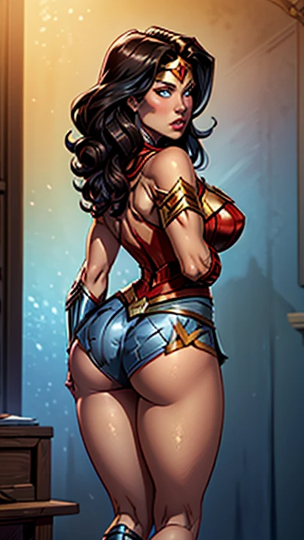 Masterpiece,(wonder woman), detailed blue eyes, detailed lips, detailed nose,, detailed hands, round ass visible, From behind, Wonder Woman stands tall with her feet shoulder-width apart. Her hands rest confidently on her hips,(skirt hugging her ass)and he...