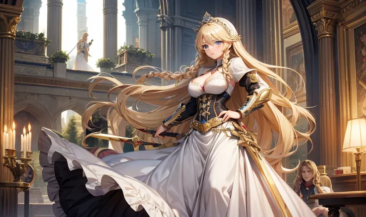 Long blond hair, Double braid, woman，dress, long skirt, cleavage，Hand guard，，Great Sword，Medieval European castles