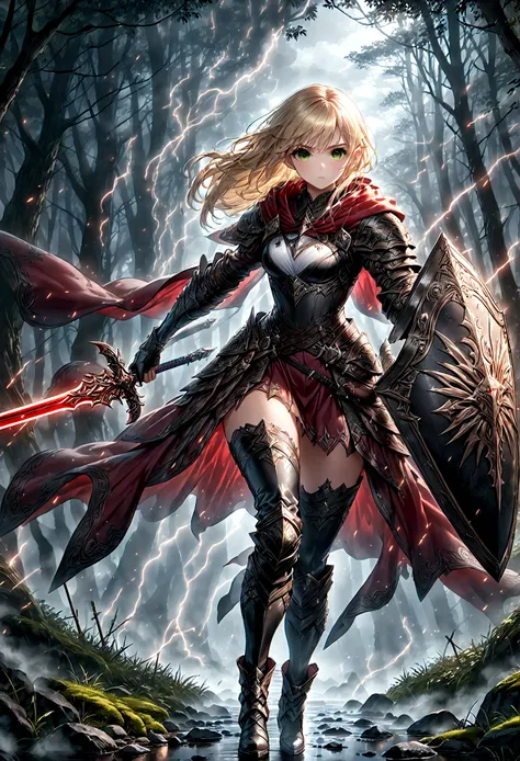 fantasy art, RPG art, Dark fantasy art, ultra wide shot, RAW, photorealistic, a picture of female human ranger, the ranger, an exquisite beautiful human woman, long blond hair, braided hair, green eyes, wearing leather armor, wearing (red cloak: 1.1), arme...