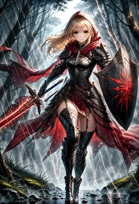 fantasy art, RPG art, Dark fantasy art, ultra wide shot, RAW, photorealistic, a picture of female human ranger, the ranger, an exquisite beautiful human woman, long blond hair, braided hair, green eyes, wearing leather armor, wearing (red cloak: 1.1), arme...