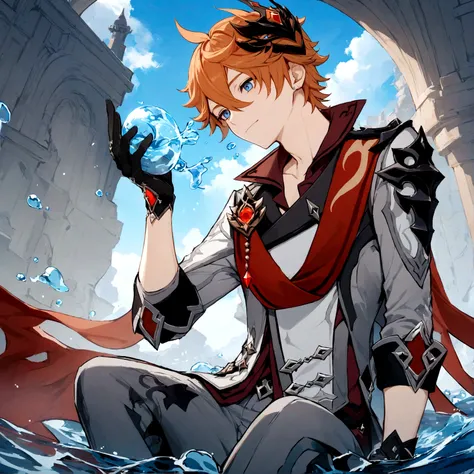 masterpiece, best quality, Tartaglia (Genshin Impact), Gloves, mask, Male focus, 1 boy, blue eyes, black Gloves, Solitary, Orange Hair, Bangs, water, Jacket, Hair between the eyes, Jewelry, scarf,