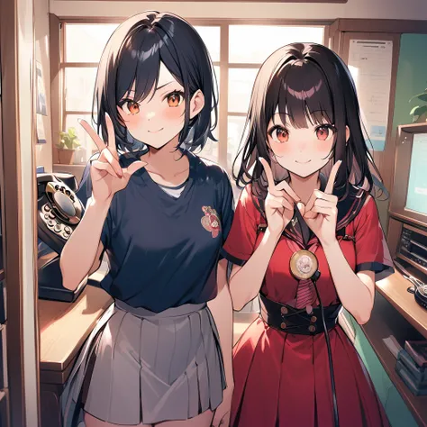 A confident smile, かわいいポーズをとっているtwo students demonstrating a gesture commonly associated with a peace sign while speaking by teleTelephone, skirt, Black Hair, indoor, in, Telephone, shirt, ((((complete fiine fingers))))